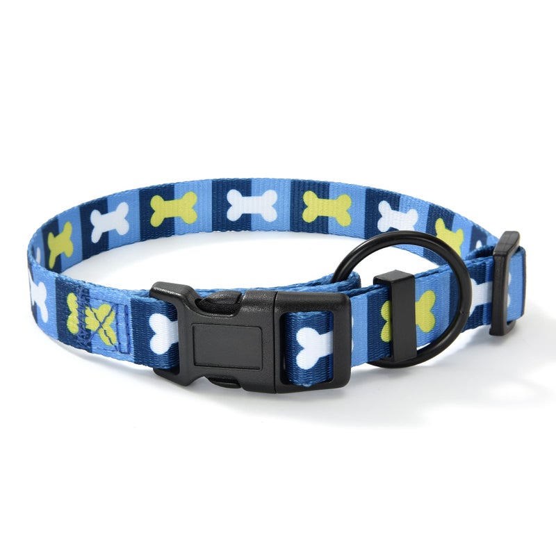 Mile High Life Nylon Puppy Dog Collar Nylon w Cute Patterns Lightweight Girl Boy Collar for Small/Medium/Large Dogs (Blue Bone, Medium Neck 13"-17") - Image 1